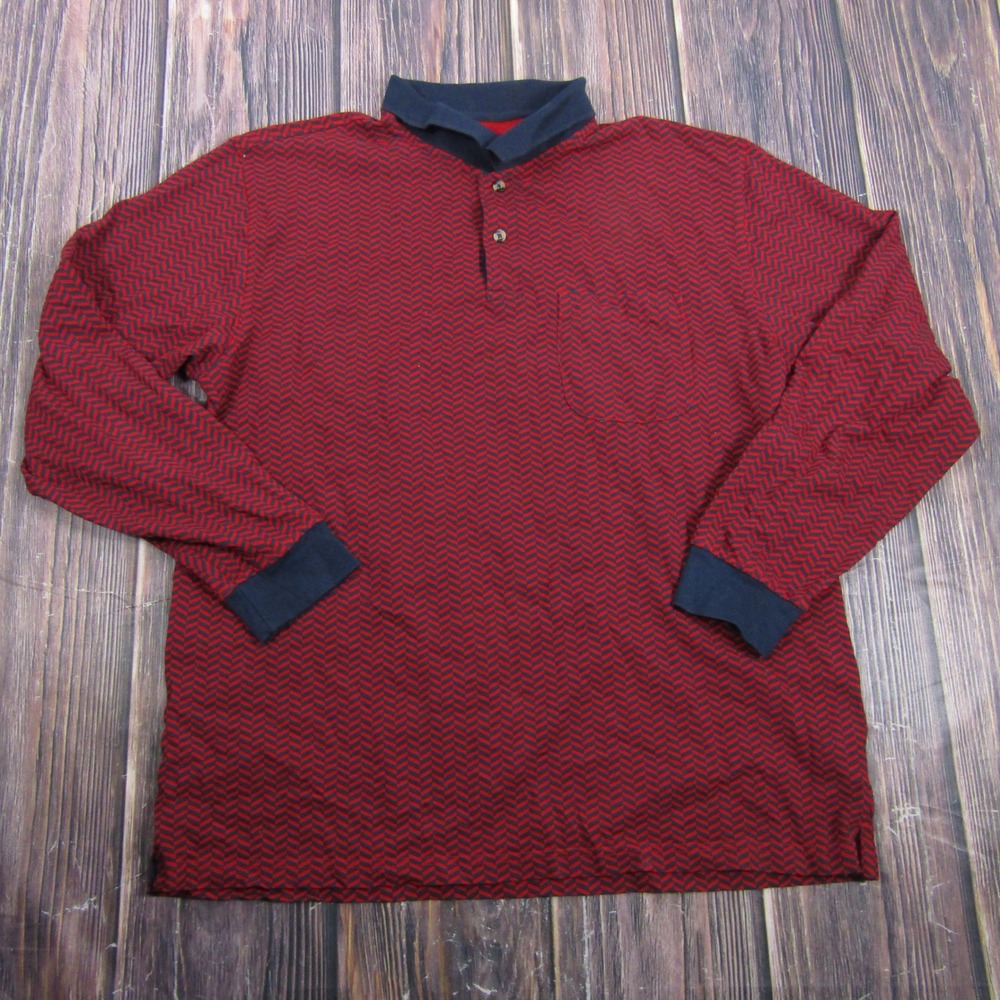 John Blair Polo Shirt Mens Large Red Long Sleeve Chevron Zigzag Cotton II68-13